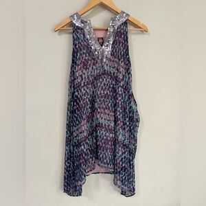 Free People Tunic Top Asymmetrical Purple Blue Sequin Collar Boho Lined Flowy